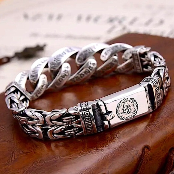 Stainless Steel Chain Link Bracelet, Mantra, Curb Hand Woven Engraved Byzantine - Picture 1 of 12